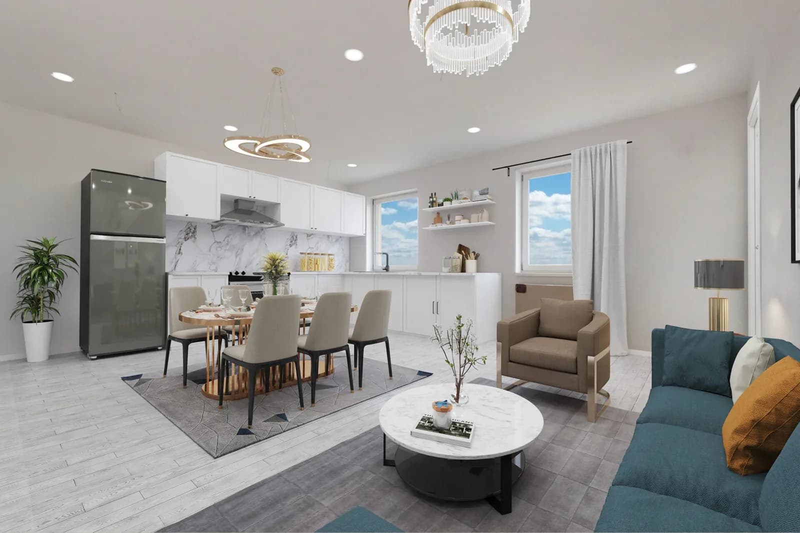 Virtuálne zariadená jedáleň s kuchyňou, virtual staging nehnuteľnosti